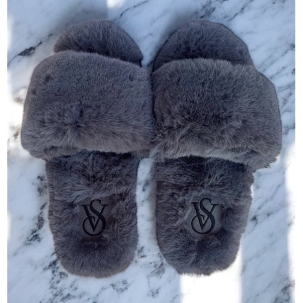 Victoria's Secret Fuzzy Blue/Gray Faux Fur Slide Slippers Sz Large Never Worn